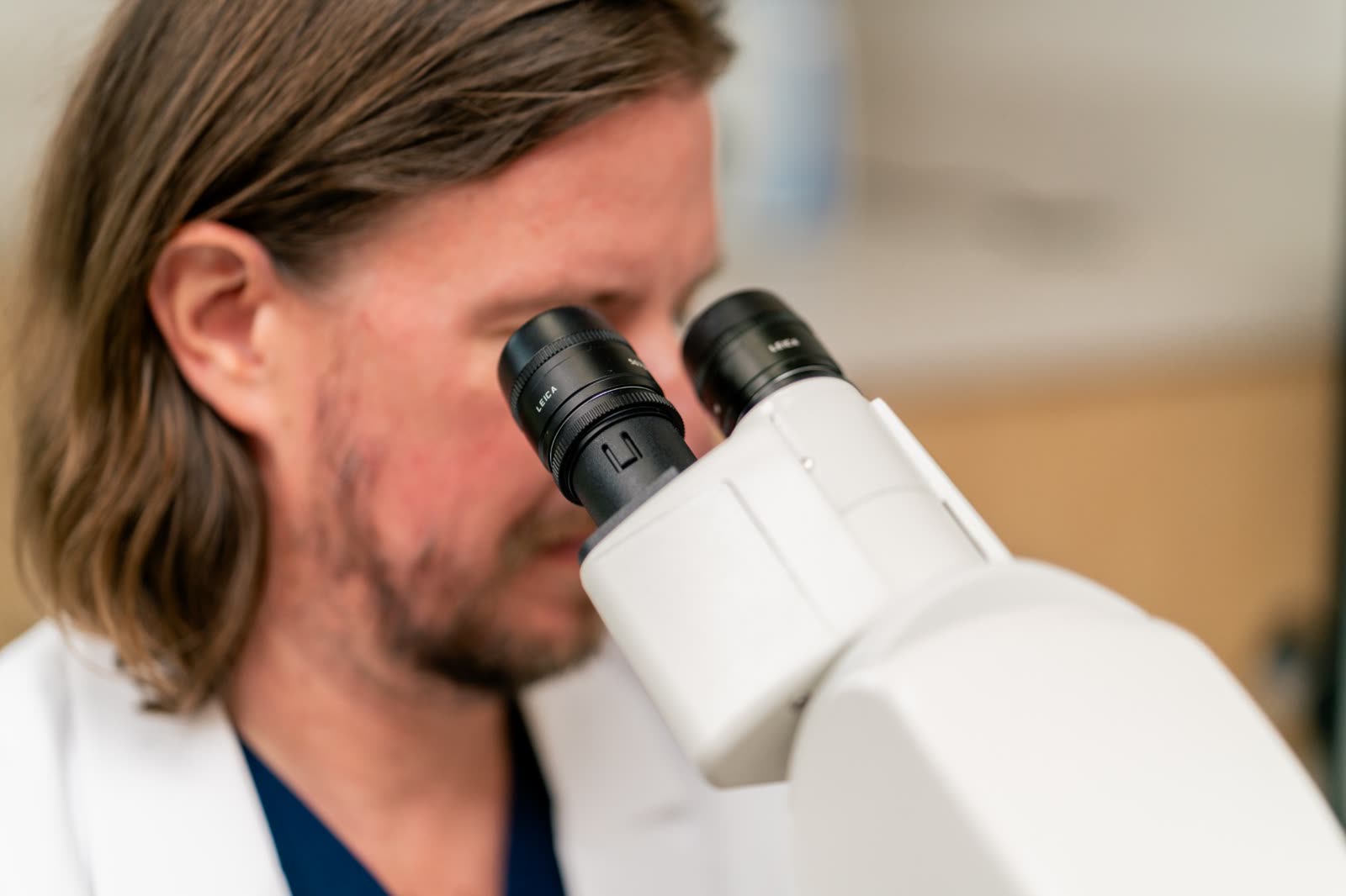 Dr. Haun reviewing slides at the microscope